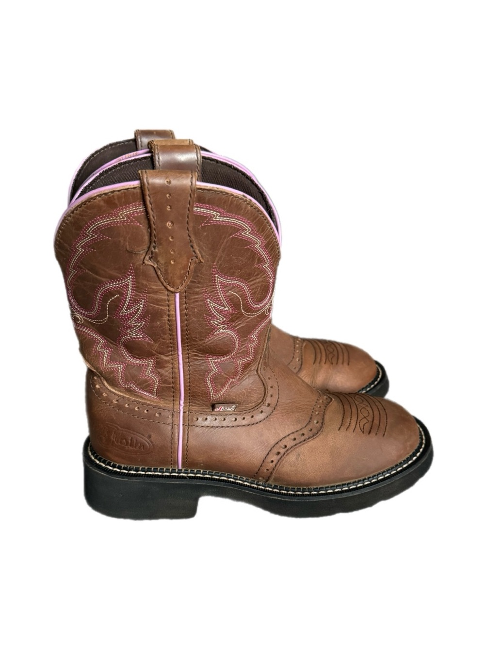 Justin Boots Brown Leather Western Booties with Pink Stitching